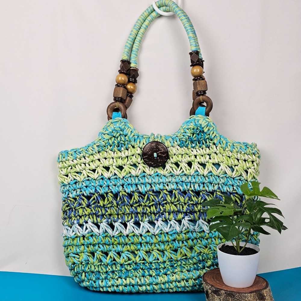 Cappelli Straworld Tote Bag Blue Green Beads Shoulder Boho Summer Beach‎ Coast